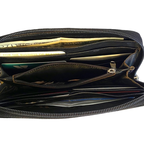 JL Saldivar Leather Clutch Wallet Black & Brown 12 Card Slots Zipper Close Vntg - Picture 5 of 7